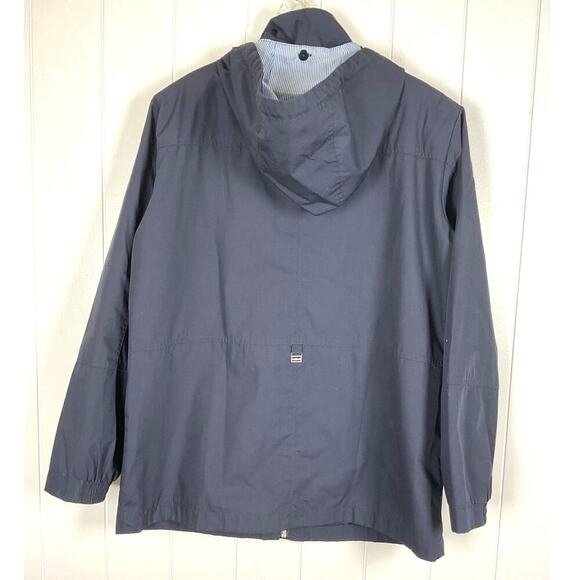 Mackintosh New England Navy Womens Rain Jacket Pin Striped Detachable Hood SZ L - Picture 5 of 8